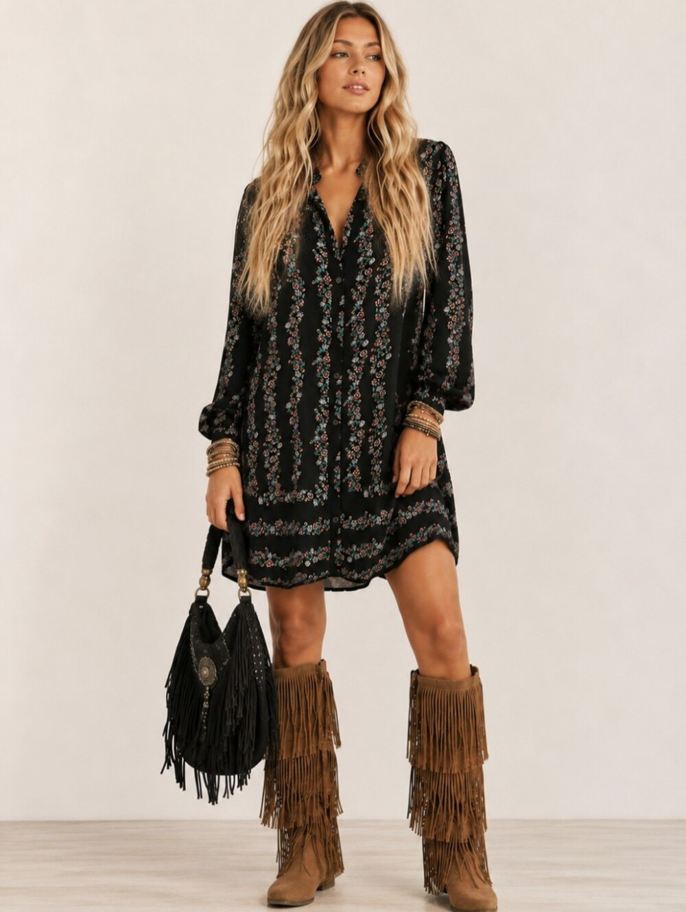 Free People Boho Festival Floral Whimsigoth Shirt Dress Black Size XS